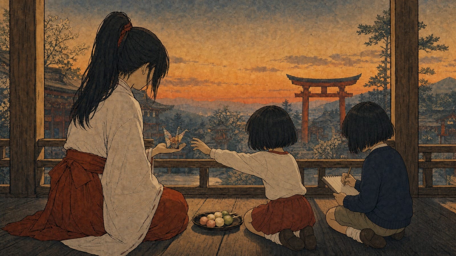 Rin, Myu, and Ryu sit on the shrine veranda at dusk as a tiny patchwork paper crane lands in Rin’s palm.