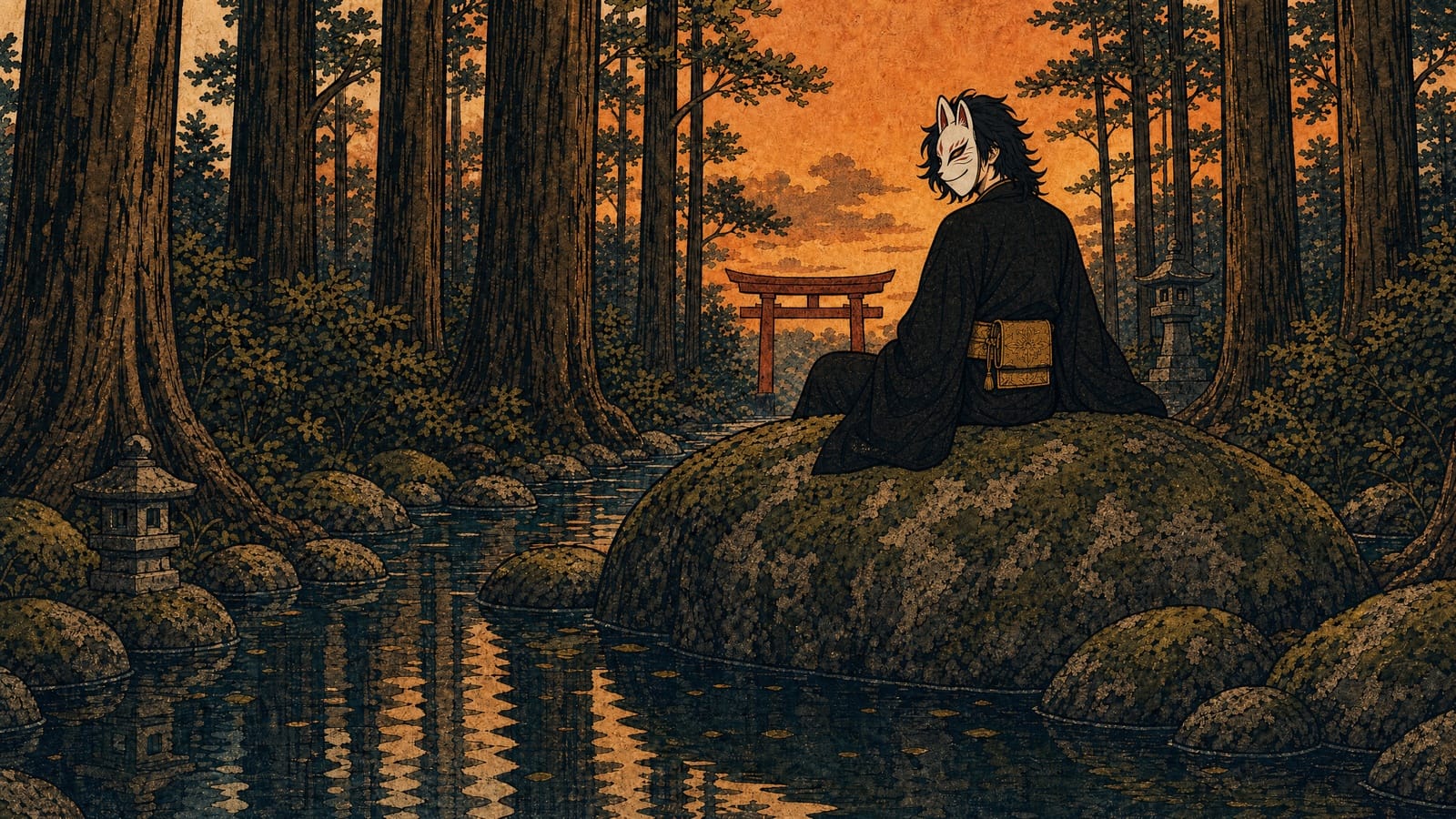 Kaito sits alone on a mossy rock beside the silent stream, his fox mask catching the filtered cedar light.
