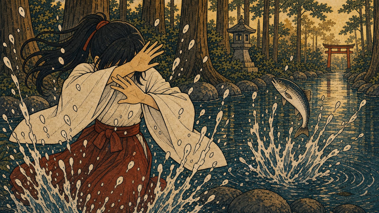 Water bursts back to life around Rin as she shields her face from the splash, silver fish arcing through the mountain light.