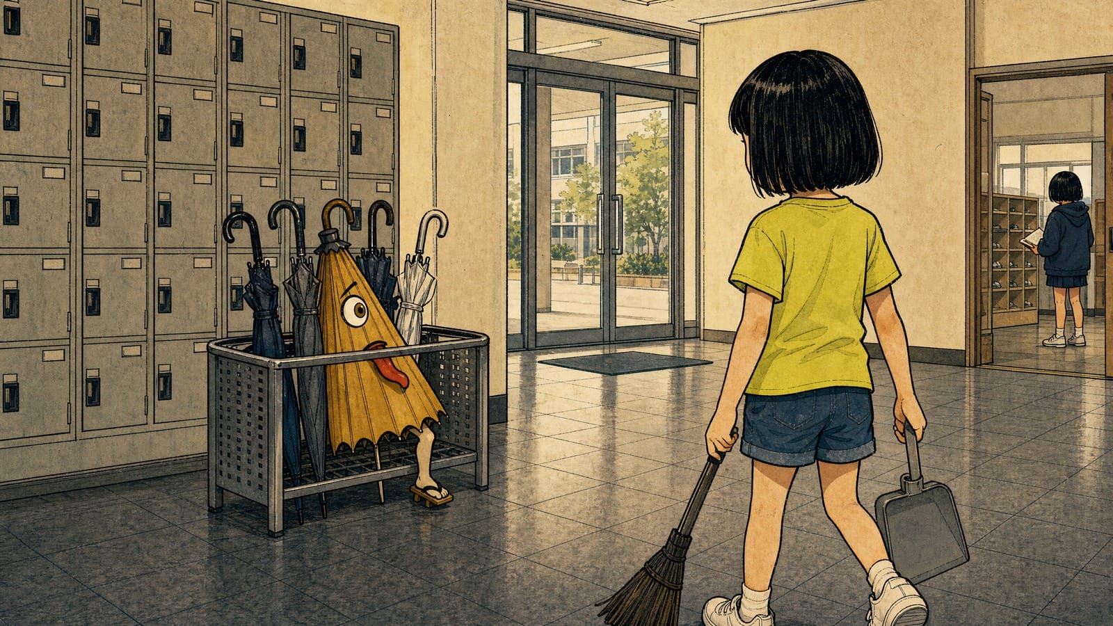 Myu faces the wagasa in the school entrance hall as its amber eye appears on the paper.