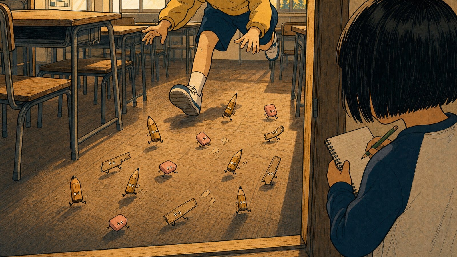 Two small girls with black bob cuts react as a dozen tiny stationery tsukumogami scatter across an empty classroom floor.