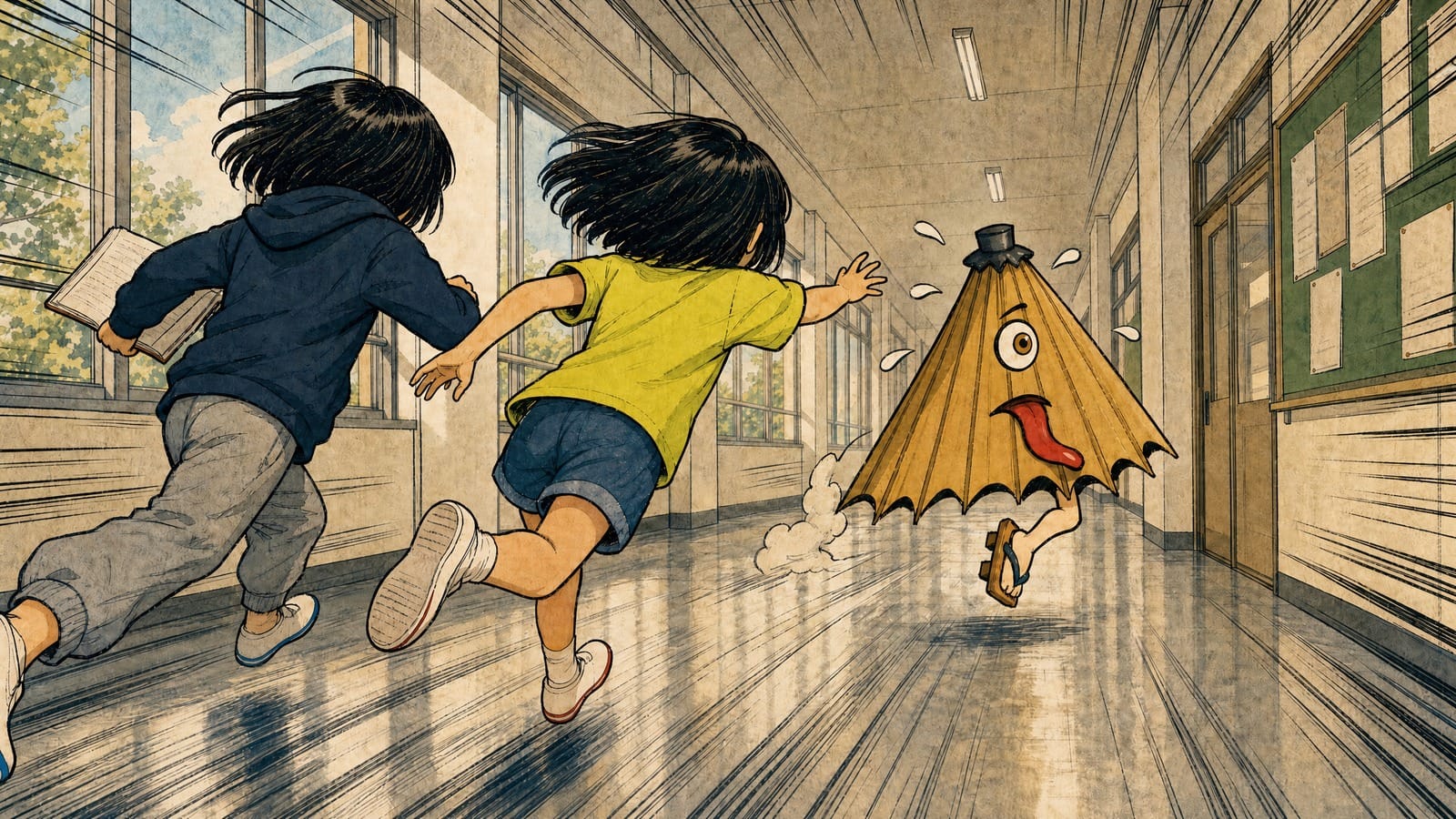 Myu and Ryu chase the one-eyed wagasa at full speed through the school corridor.