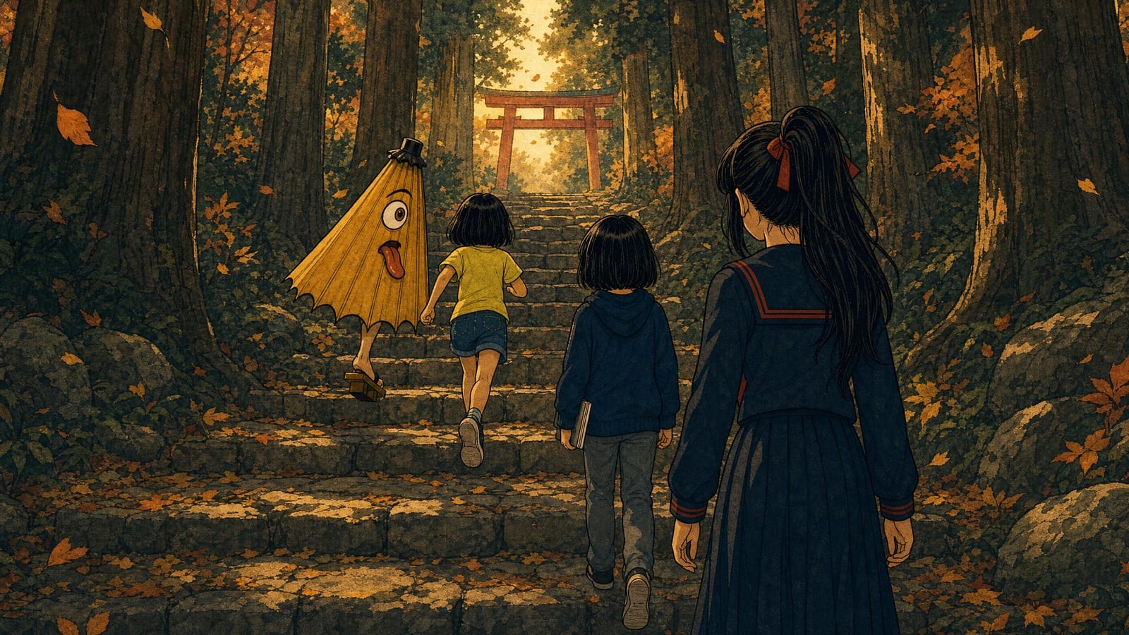 A traditional wagasa umbrella leads a shrine maiden and two small girls up stone steps through cedar trees toward a torii gate, autumn leaves falling.