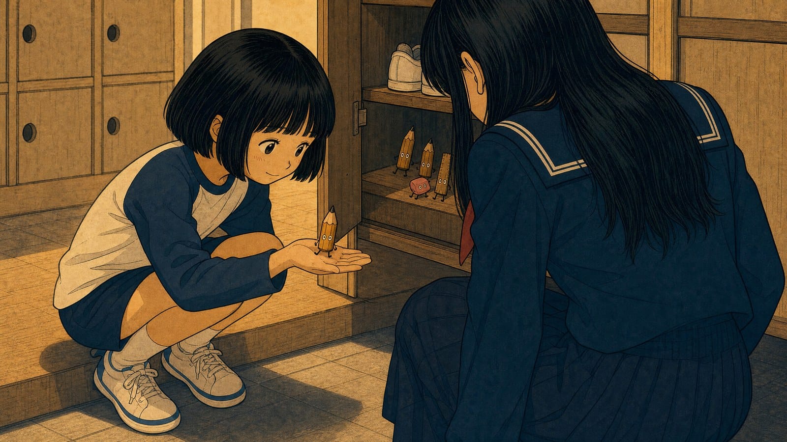 A small girl holds a tiny pencil tsukumogami in her palm at the shoe lockers while a shrine maiden in a navy sailor uniform crouches to look, more tsukumogami in a cubby behind.