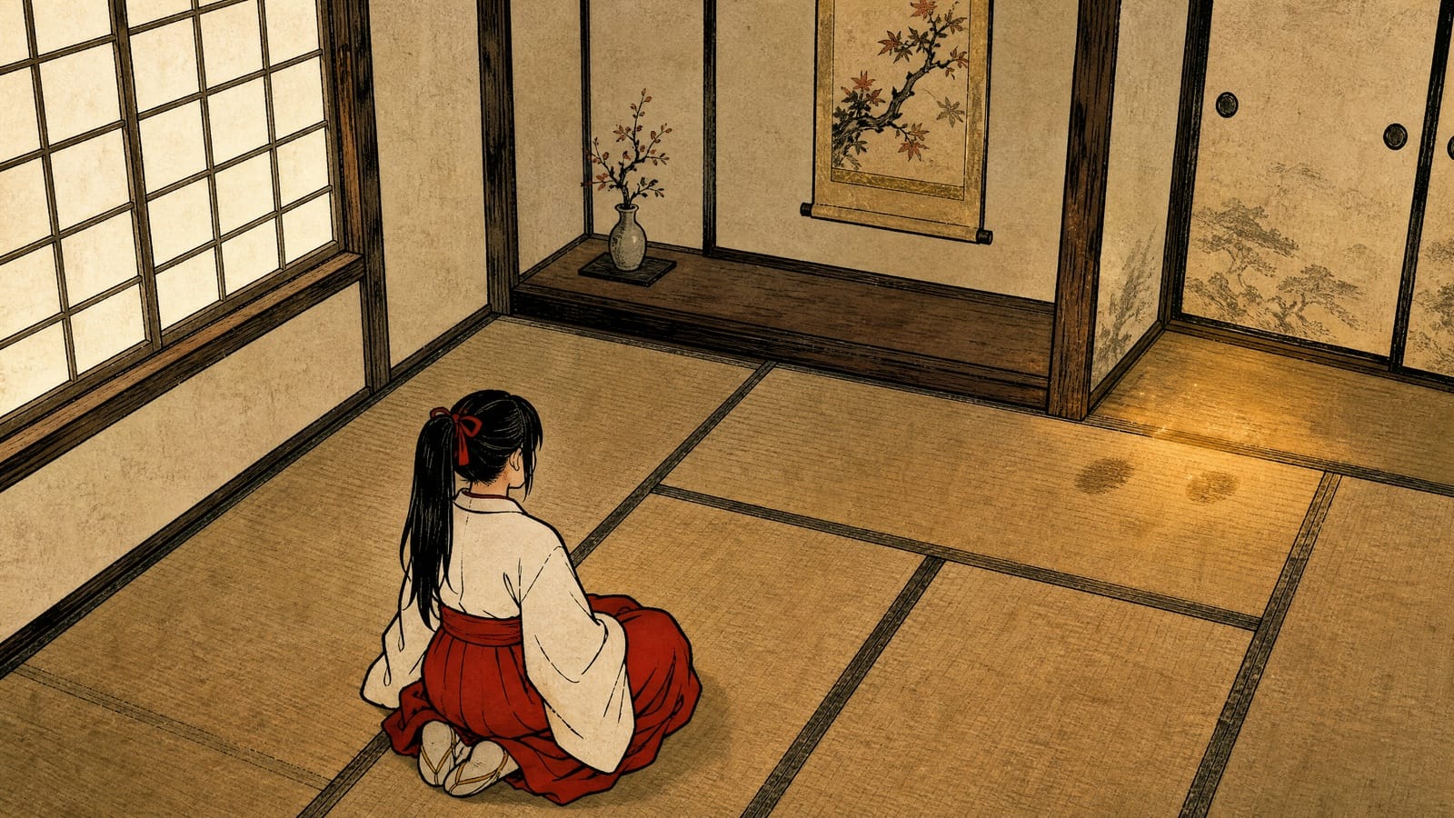 Rin sits quietly in room four as a warm shimmer gathers near the tokonoma alcove.