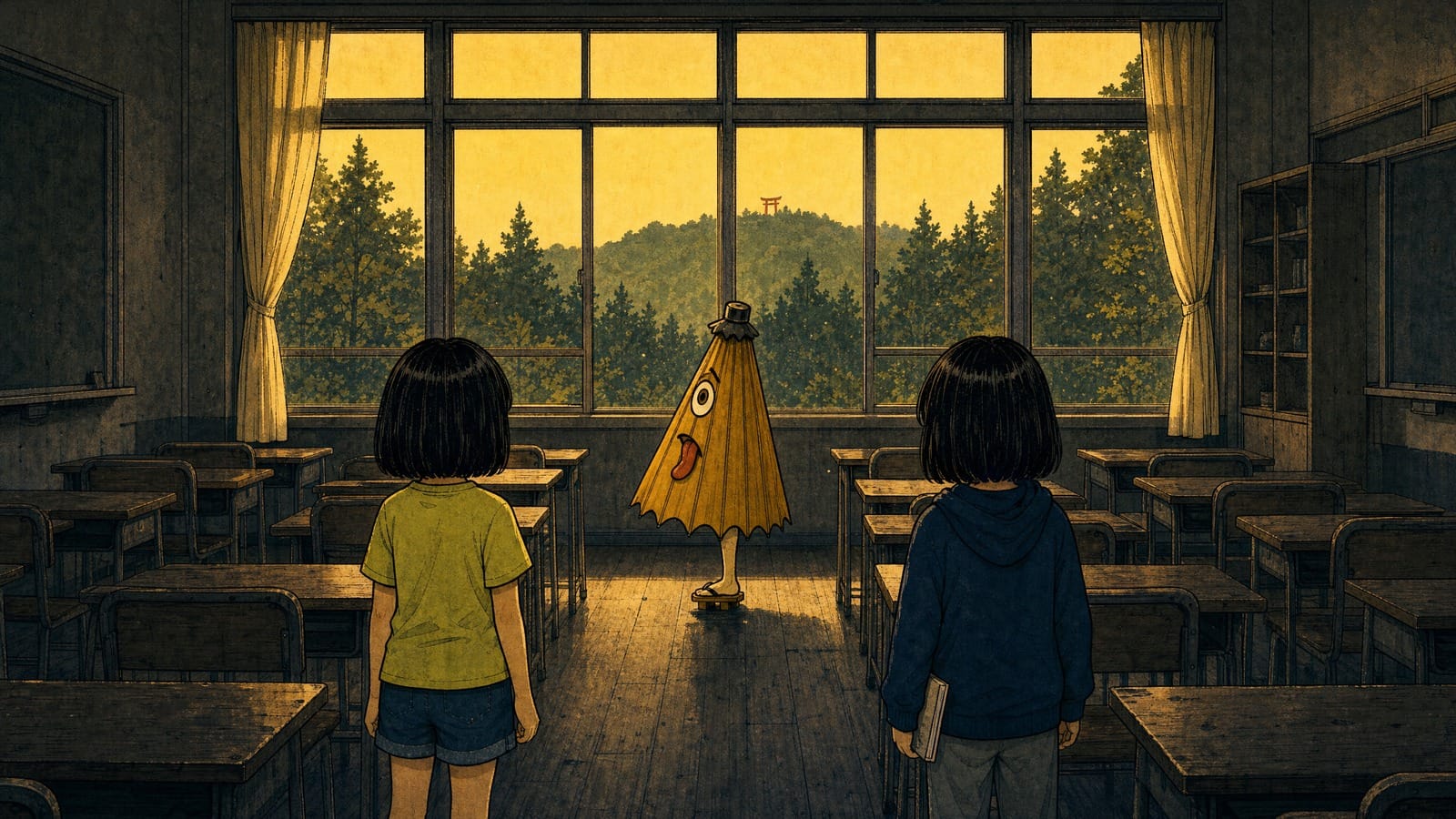 The wagasa stands before a classroom window, its eye fixed on the mountain shrine path at dusk.