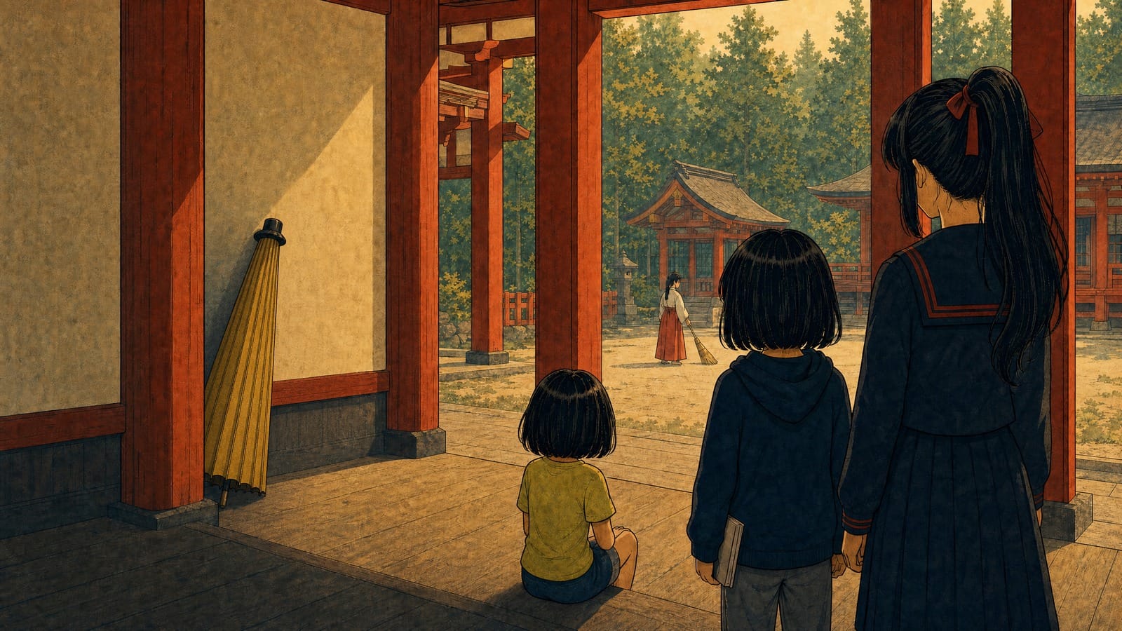 An ordinary closed wagasa umbrella rests against a cedar pillar in the corner of a shrine hall while three figures watch silently from behind.