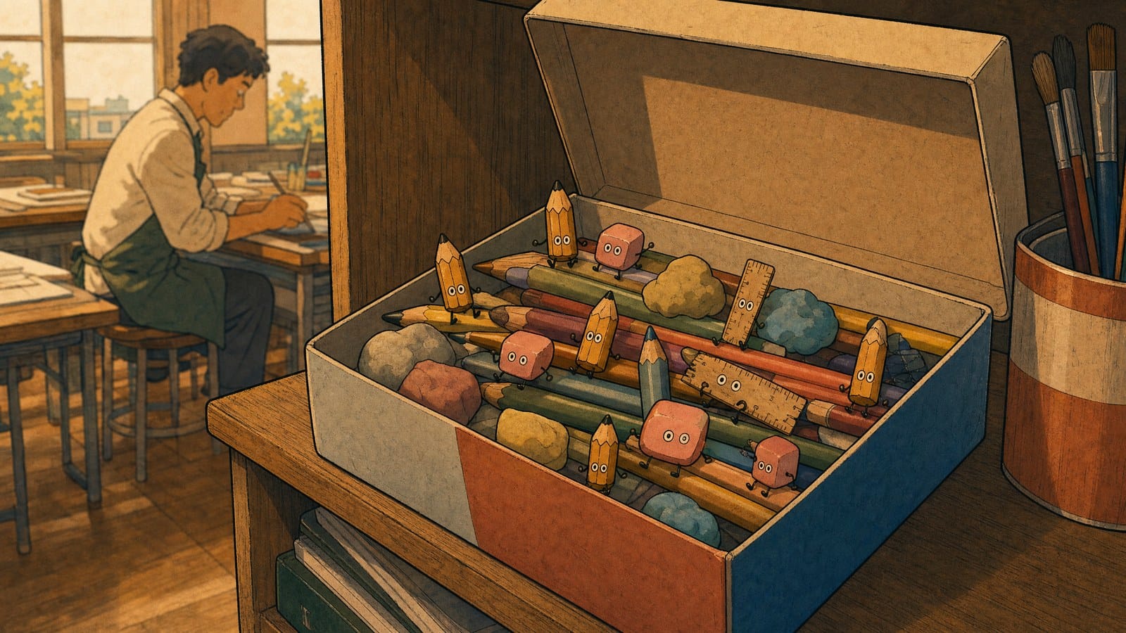 Tiny stationery tsukumogami settle peacefully among colored pencils and clay in a shoebox on a school art-room shelf, the art teacher working at a desk in the background.