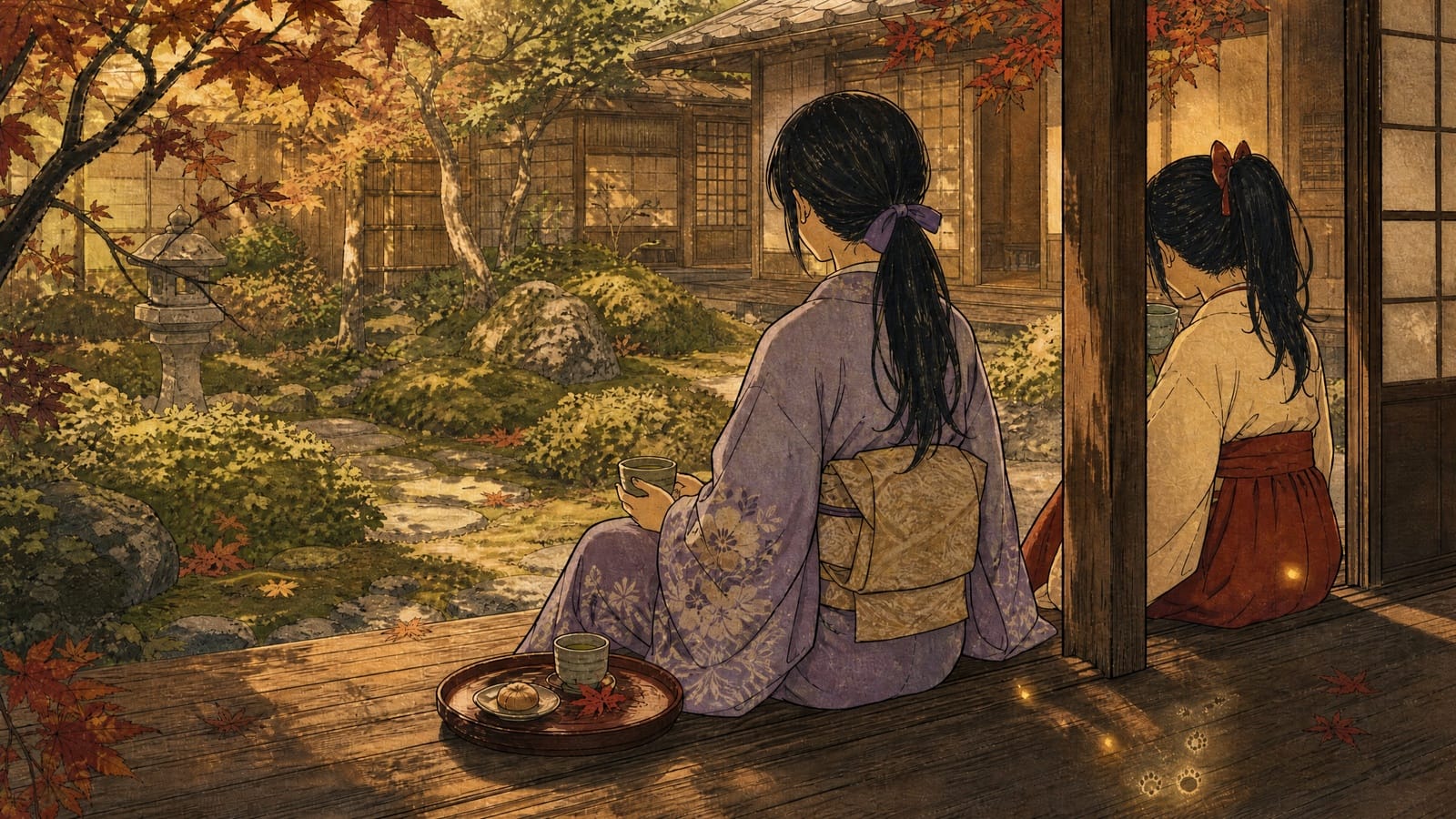 Rin and Shinobu share quiet tea on an inn veranda beneath autumn leaves.