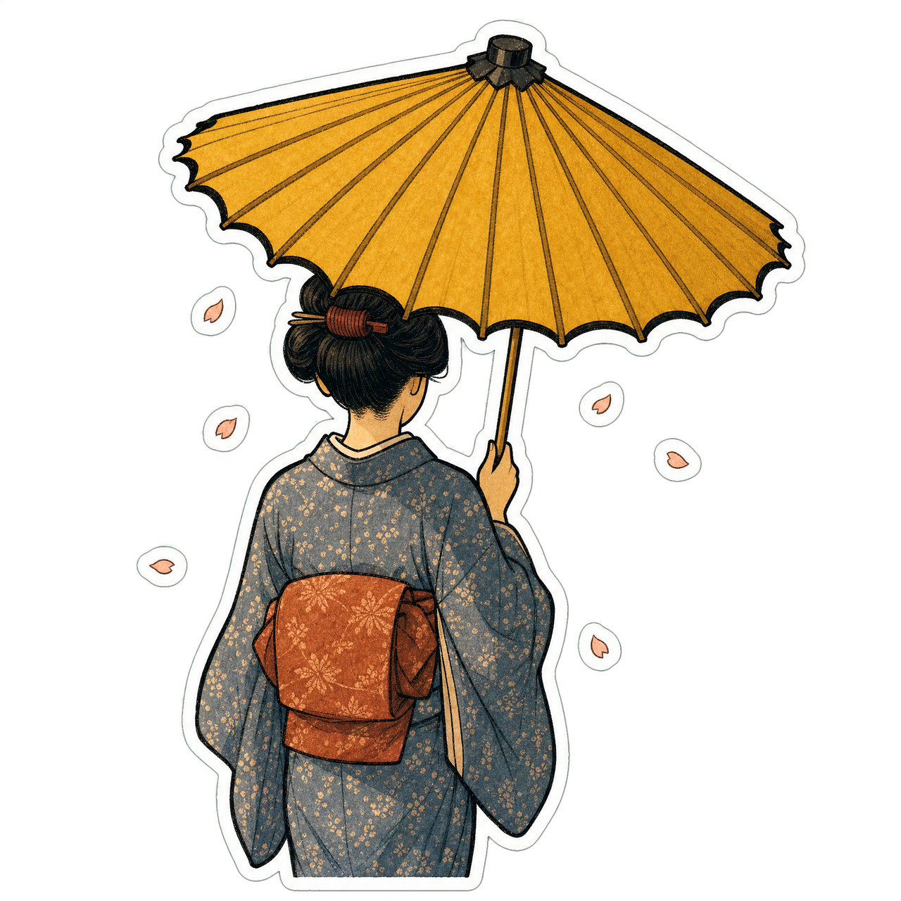 A sticker of a woman in a Taisho-era kimono, seen from behind, holding an open ochre wagasa umbrella.