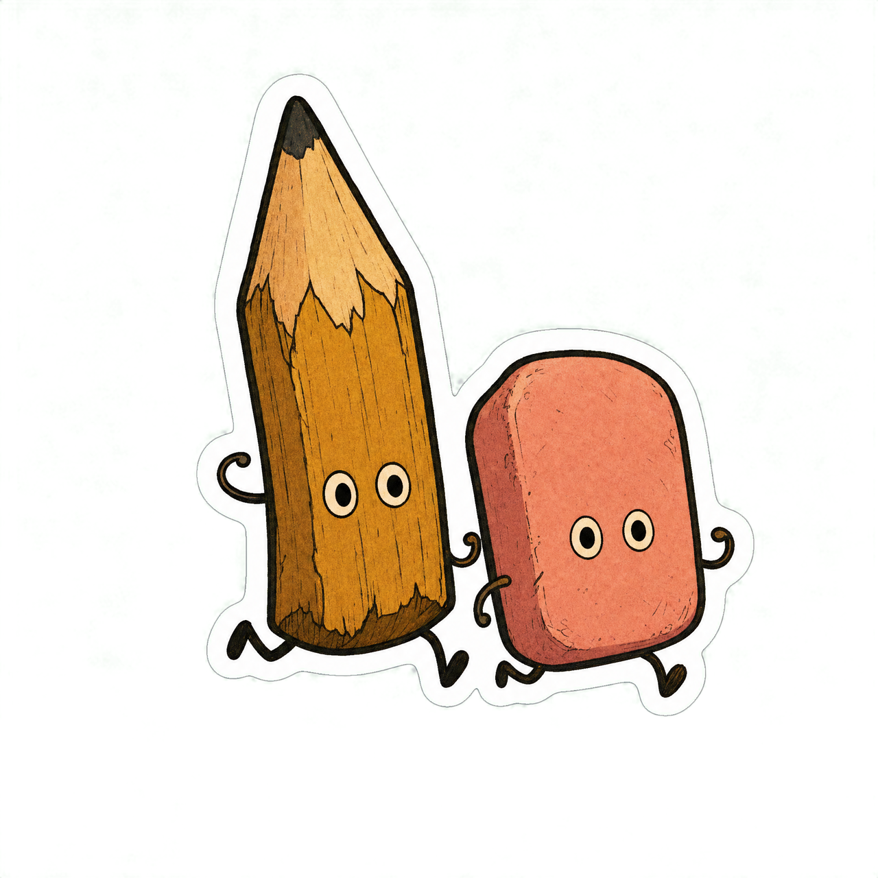 Sticker illustration: a pencil-stub tsukumogami and eraser tsukumogami pair, the school’s oldest residents.