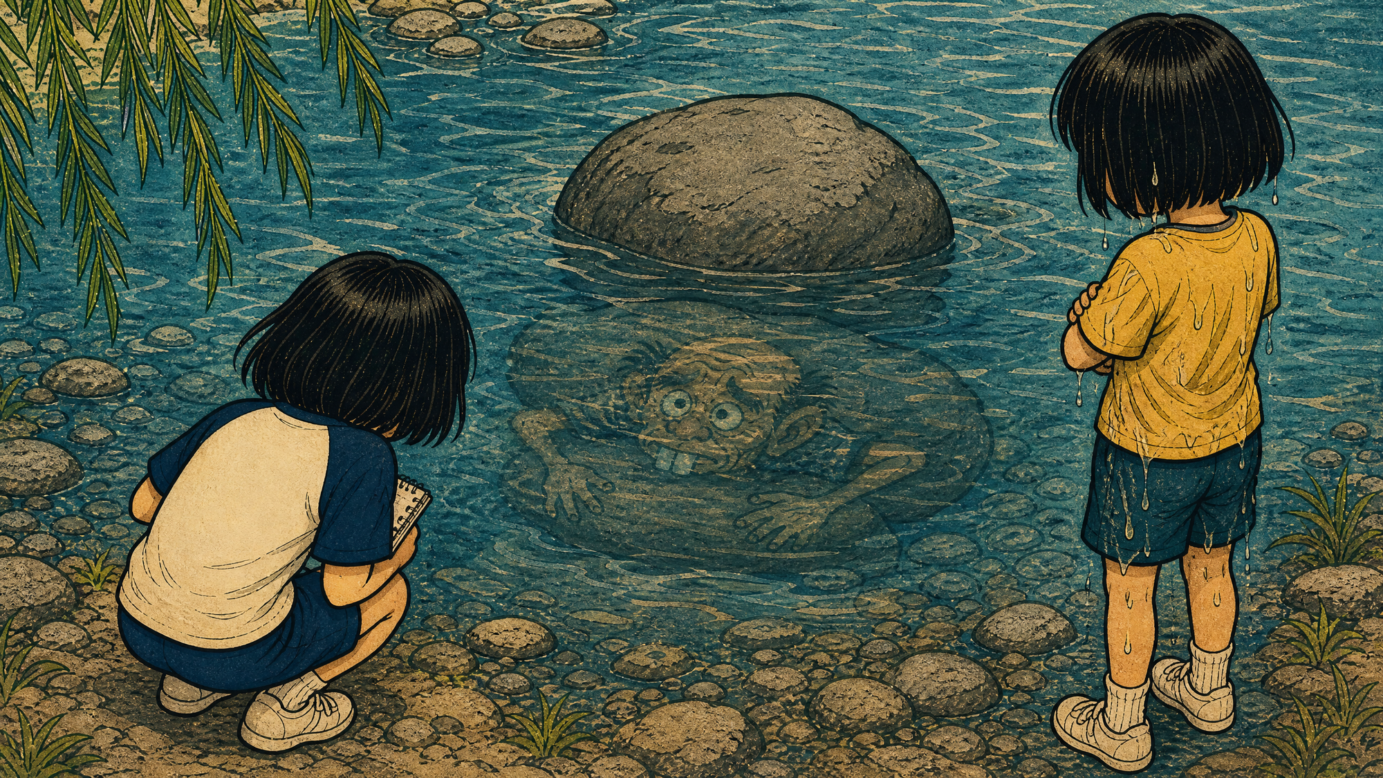 The Azuki-arai hides under a river rock, watching from underwater