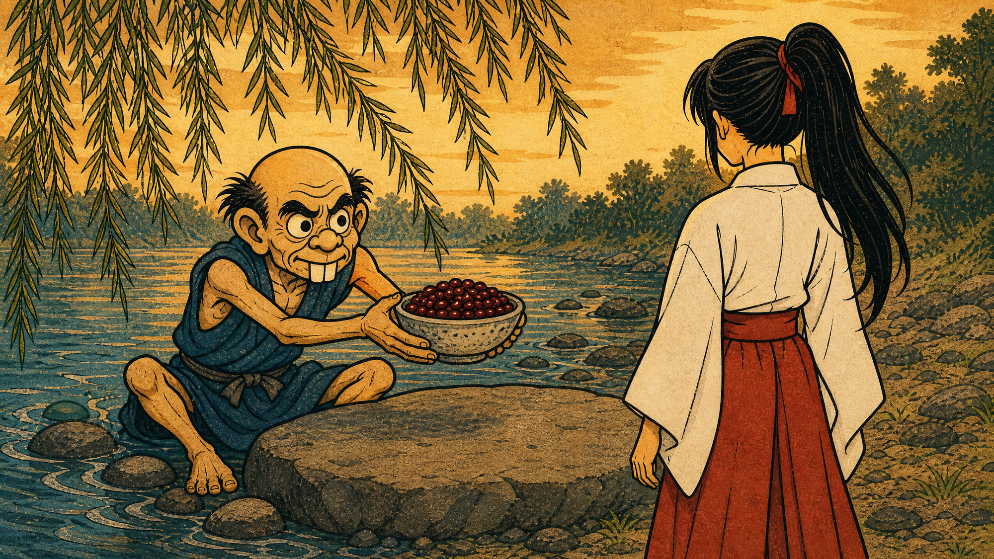 The Azuki-arai solemnly offers the bowl of washed beans to Rin