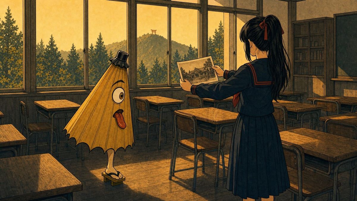A shrine maiden in winter school uniform holds up an old sepia photograph to a traditional wagasa umbrella in an empty classr