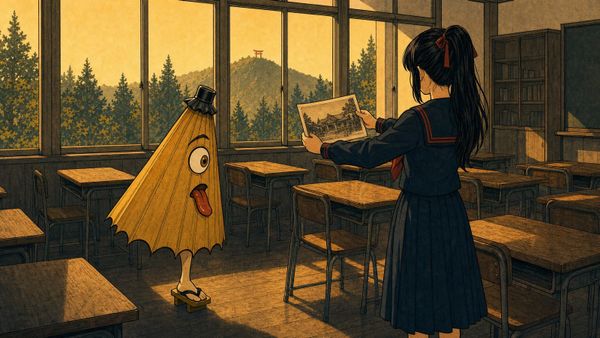 A shrine maiden in winter school uniform holds up an old sepia photograph to a traditional wagasa umbrella in an empty classr