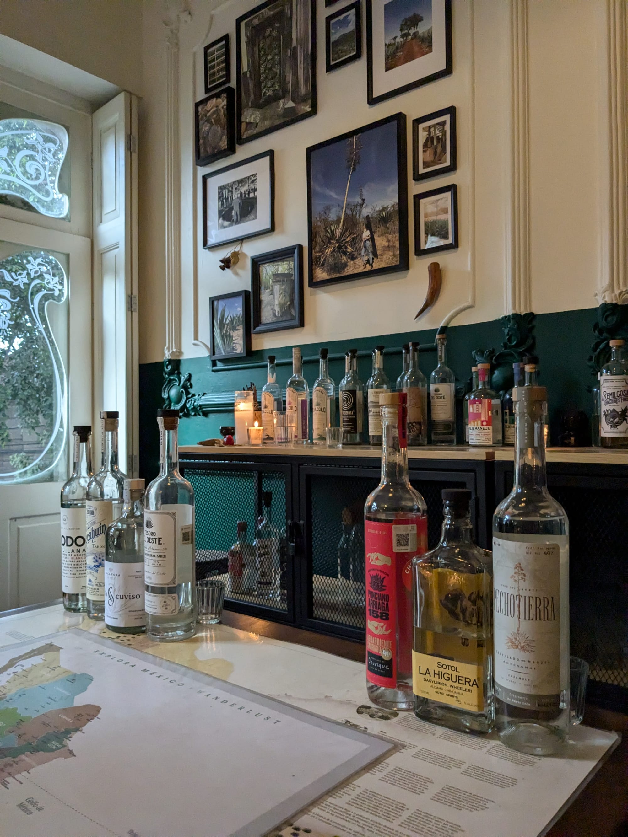 Mezcal and tequila bottles at Salón Agave in Mexico City
