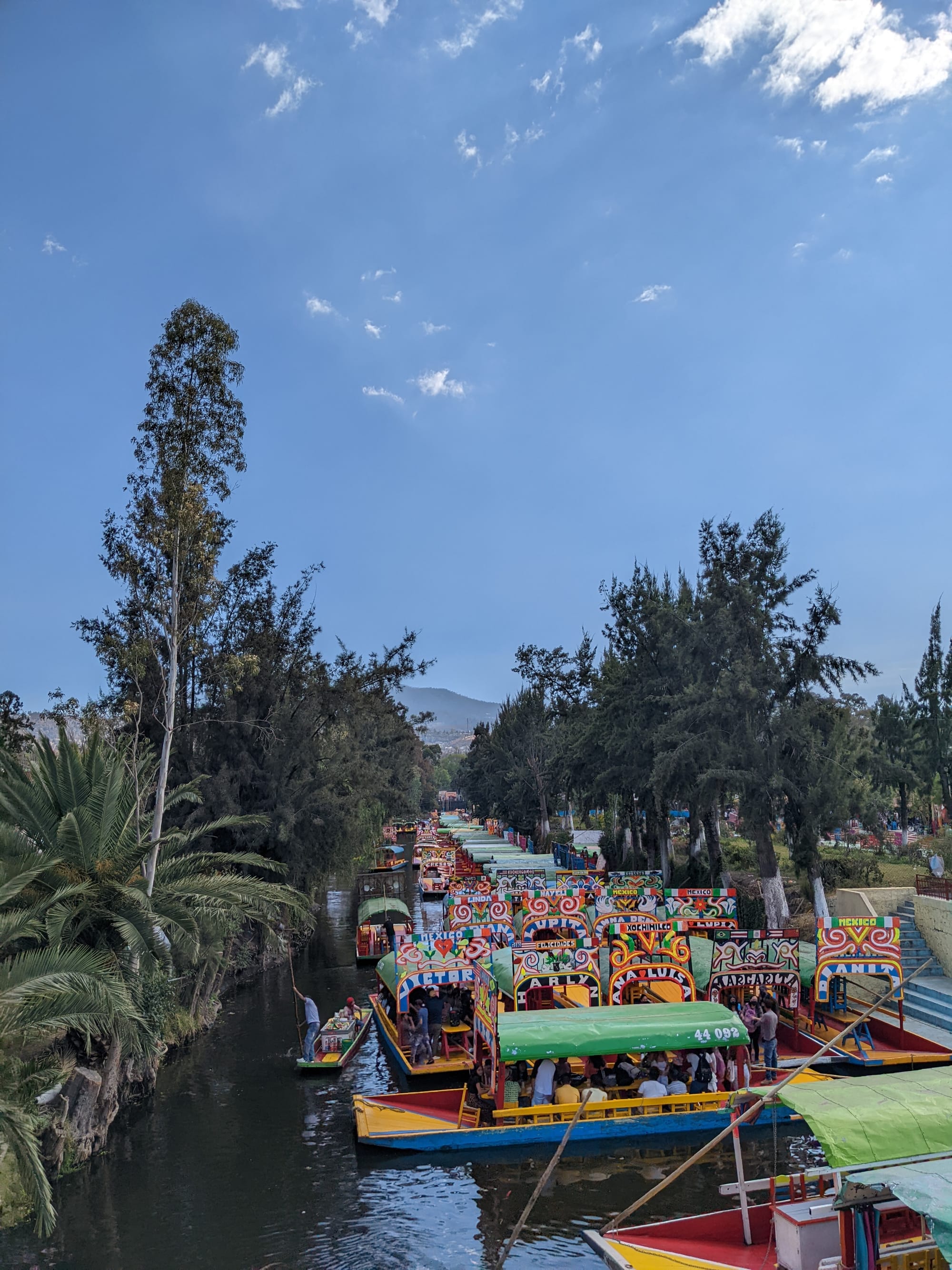 Aerial view of Xochimilco's canals and colorful trajinera boats