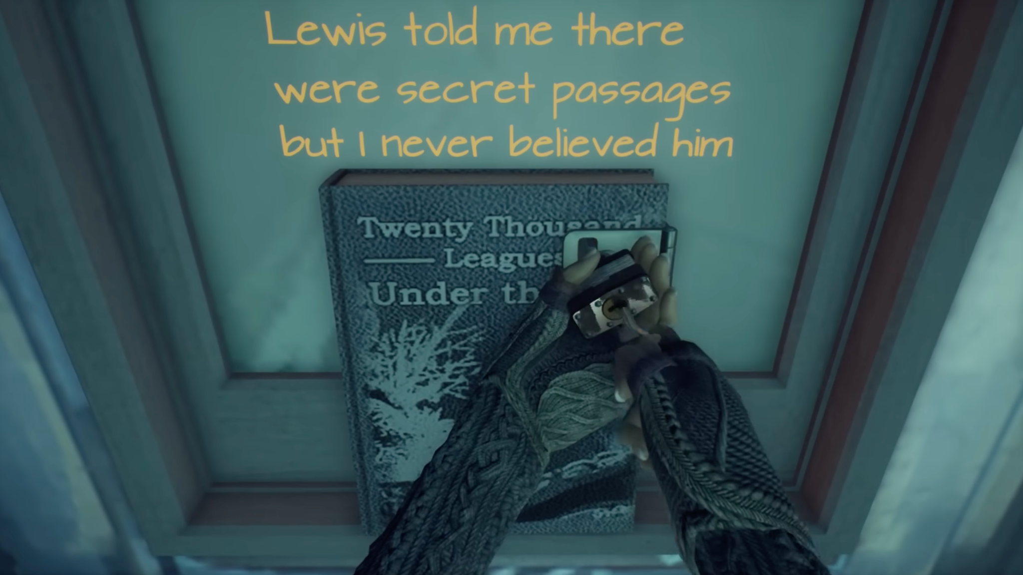 A screen capture from What Remains of Edith Finch: Edith uses the key her mother left in her will with no explanation to open "Twenty Thousand Leagues Under the Sea." She says "Lewis told me there were secret passages but I never believed him."