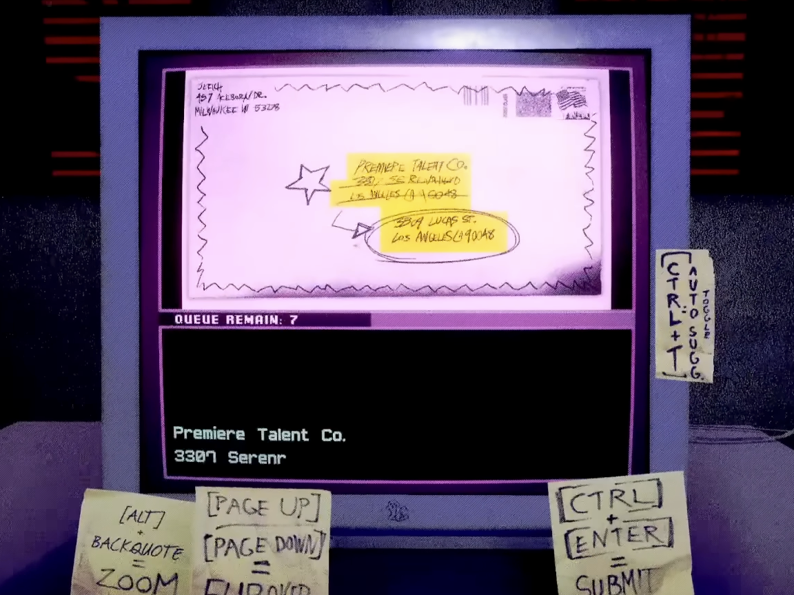 Screen capture from Dead Letter Dept, displaying the in-game computer you type on, complete with sticky notes to help you out.