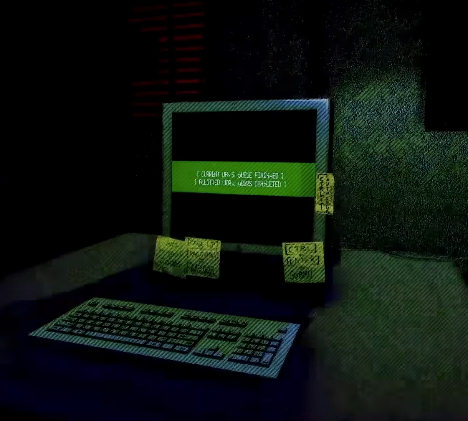 Screen capture from Dead Letter Dept featuring the lonely computer with helpful notes to streamline your typing workflow. The computer has a 100% keyboard attached, which Kayla thinks can be improved upon.