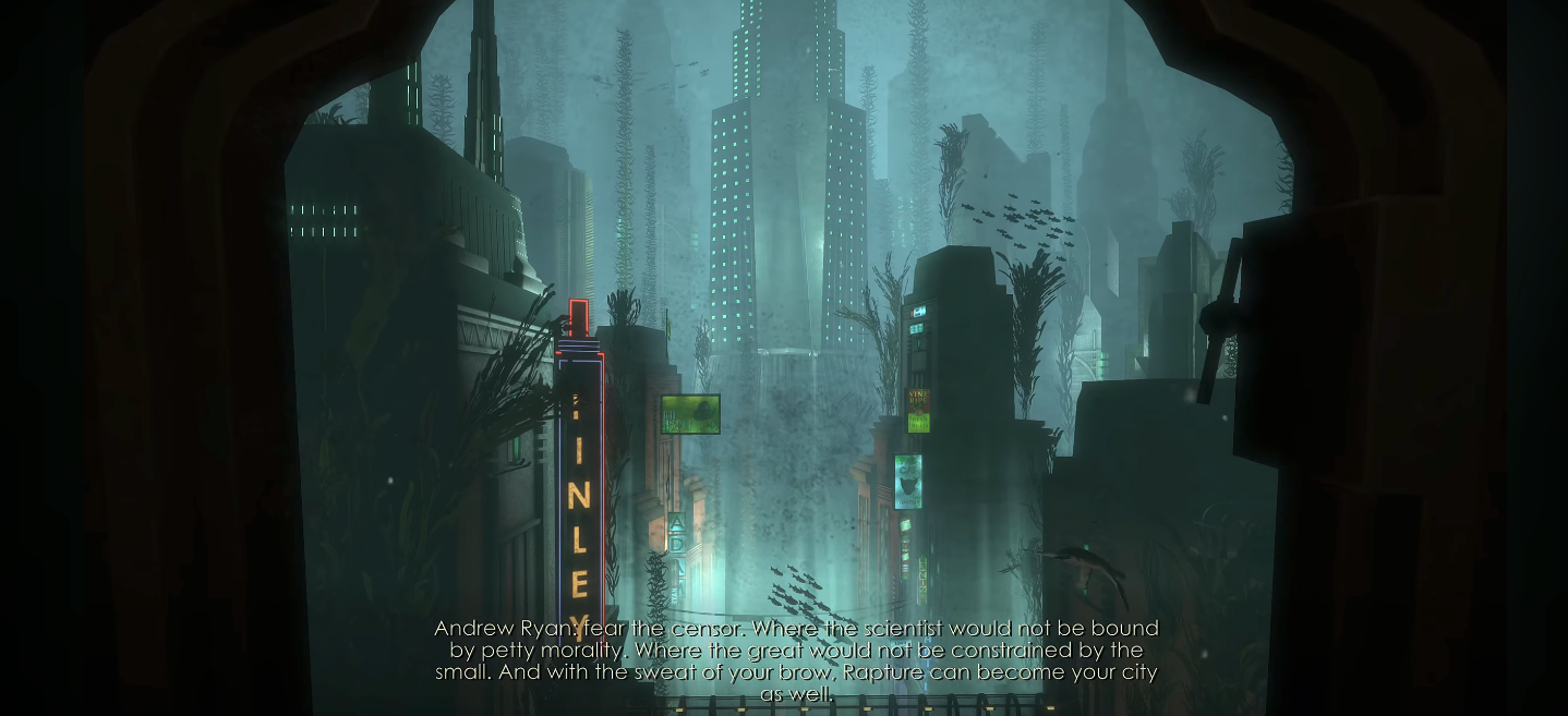 An early screen capture from Bioshock: the first view of the underwater city of Rapture, narrated by Andrew Ryan's recorded voice boasting the lack of limitations for his people.