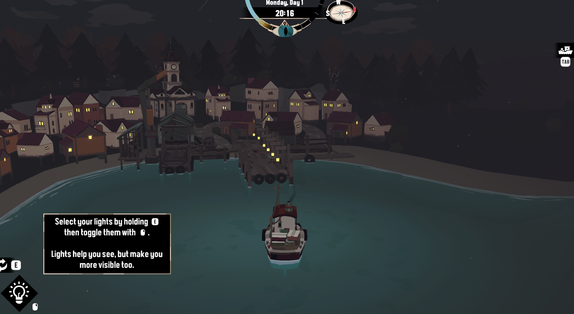 A screen capture from DREDGE: You're in your little boat outside Great Marrow....and now that it's sundown a blue eyeball appears below your clock.