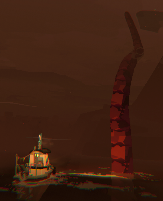 A screen capture from DREDGE, everything has taken a red tint that warns of danger. A single giant tentacle has risen up and may end your boating...