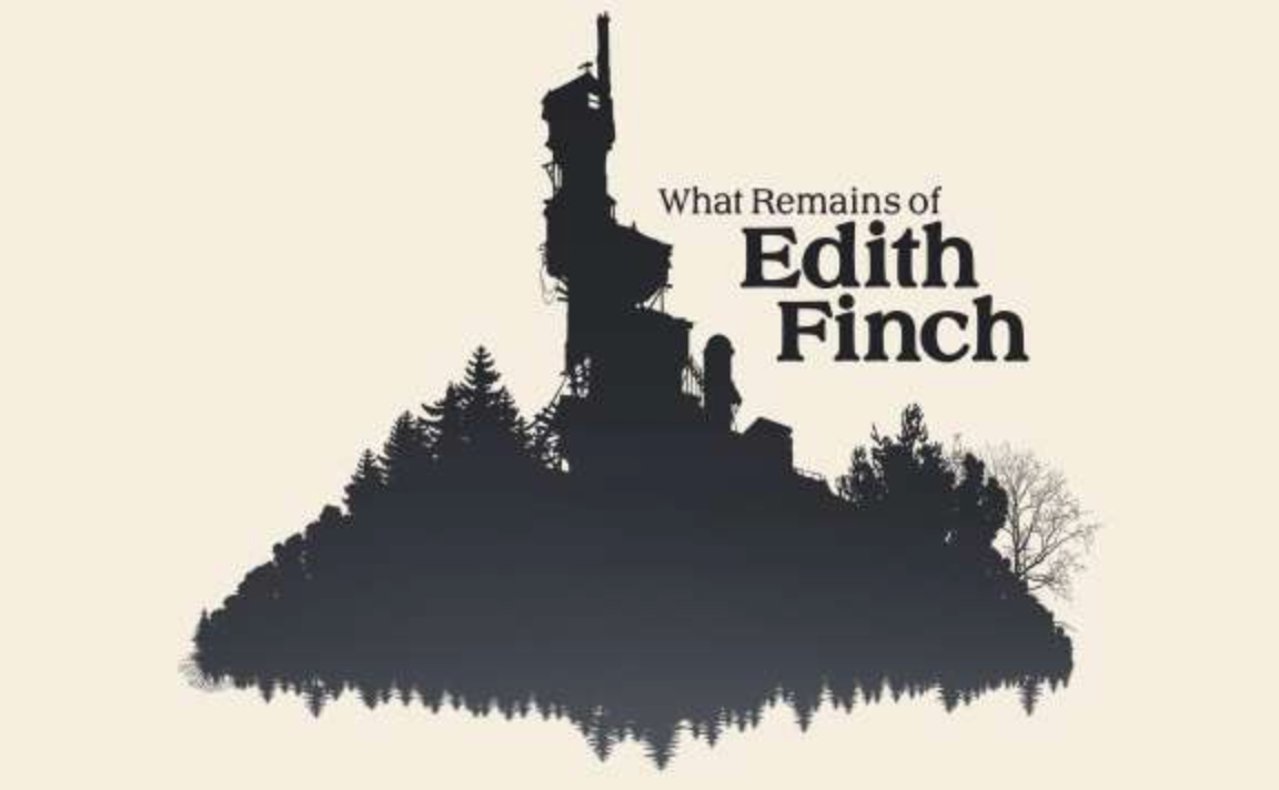 The title card for What Remains of Edith Finch, featuring the house surrounded by trees in silhouette, reflected on the water surrounding it.