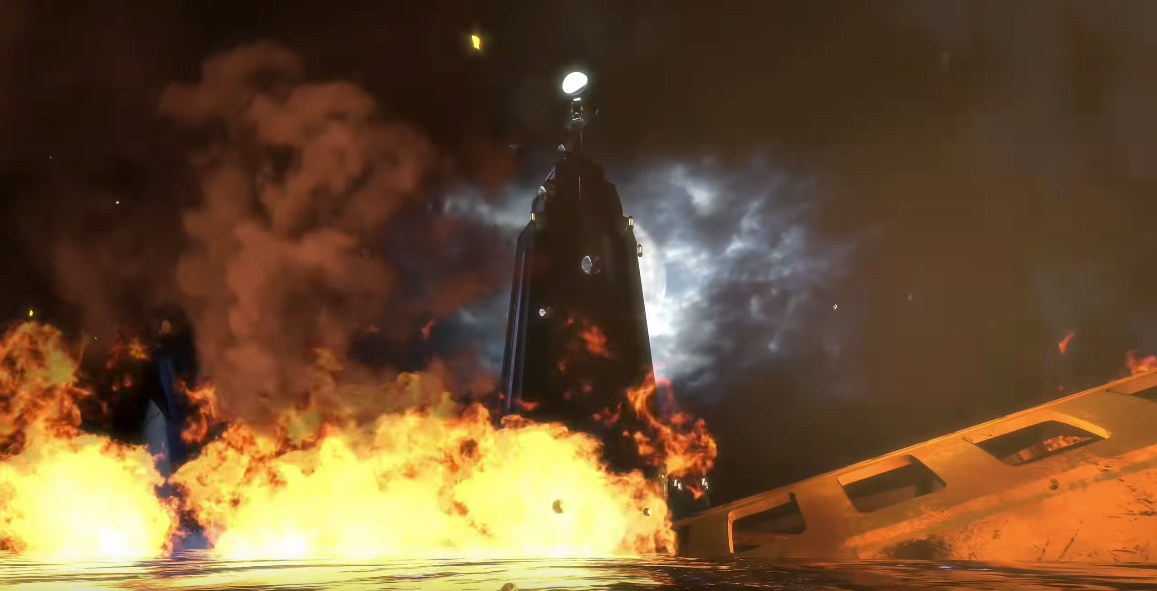 A screen capture from Bioshock, the tower that serves as your guide rises up in the distance with an almost angelic light compared to the nightmarish fire from the plane crash you just survived.