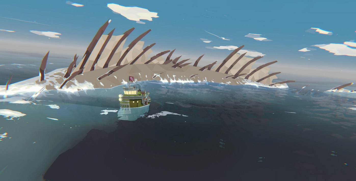 A screen capture from DREDGE, a large water beast swims nearby your boat, with pointed spines poking up out of the water, more than three times the height of your boat.