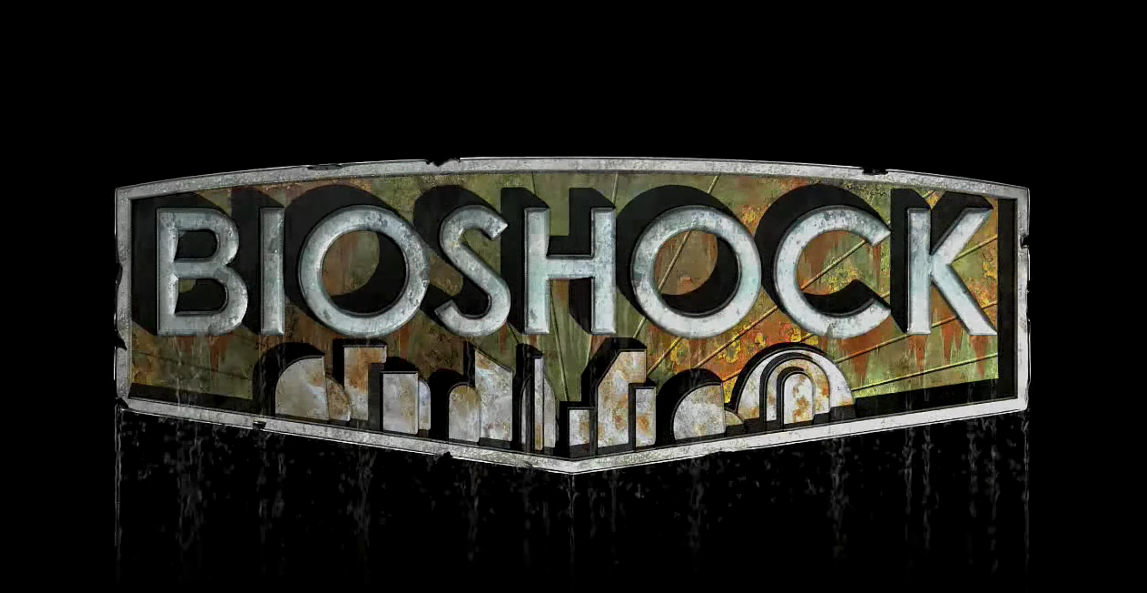 The title screen of Bioshock, decayed into a rusted and weathered look from its once-pristine state.
