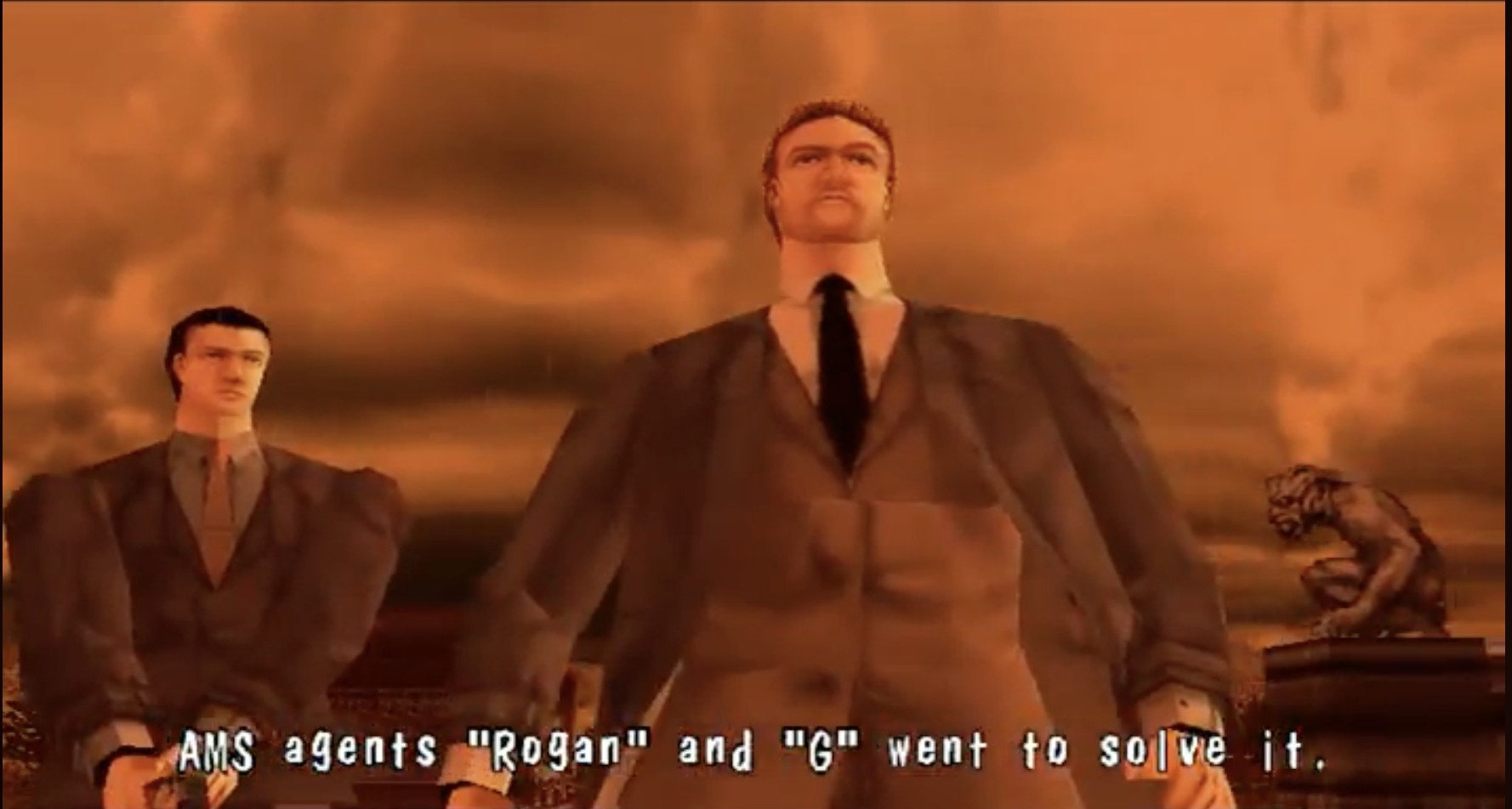 A screen capture from "The Typing of the Dead" featuring two agents working to solve the great mystery. The subtitle reads, "AMS agents "Rogan" and "G" went to solve it."