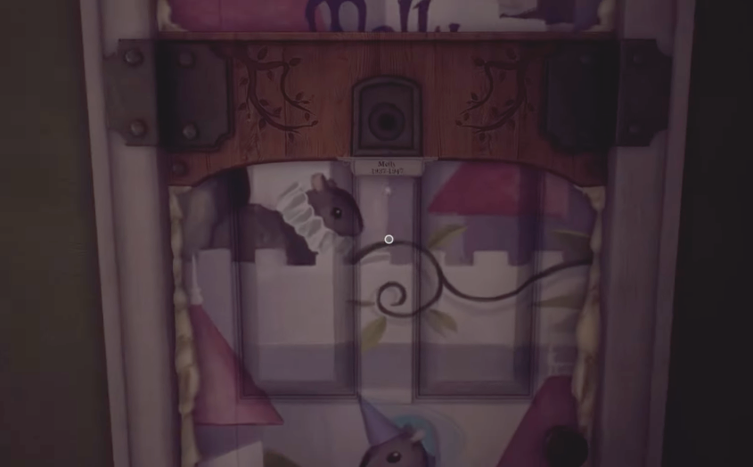A screen capture from the game: Edith stands outside Molly's room, with her dates: 1937-1947. The door reflects the personality of its once-young occupant: soft pastel colors and with mice dressed with ruffs.