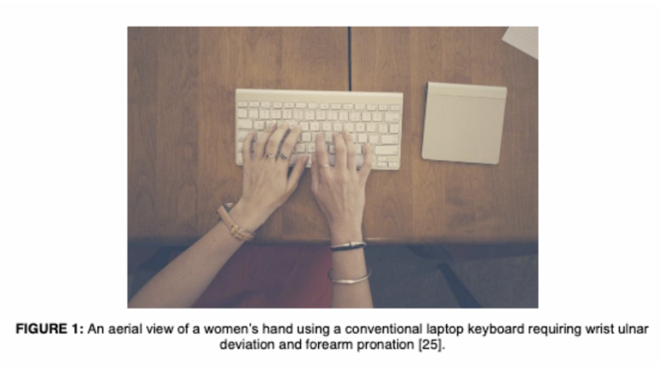 Figure 1 from the study. “An aerial view of a women’s [sic] hand using a conventional laptop keyboard requiring wrist ulnar deviation and forearm pronation [25].”