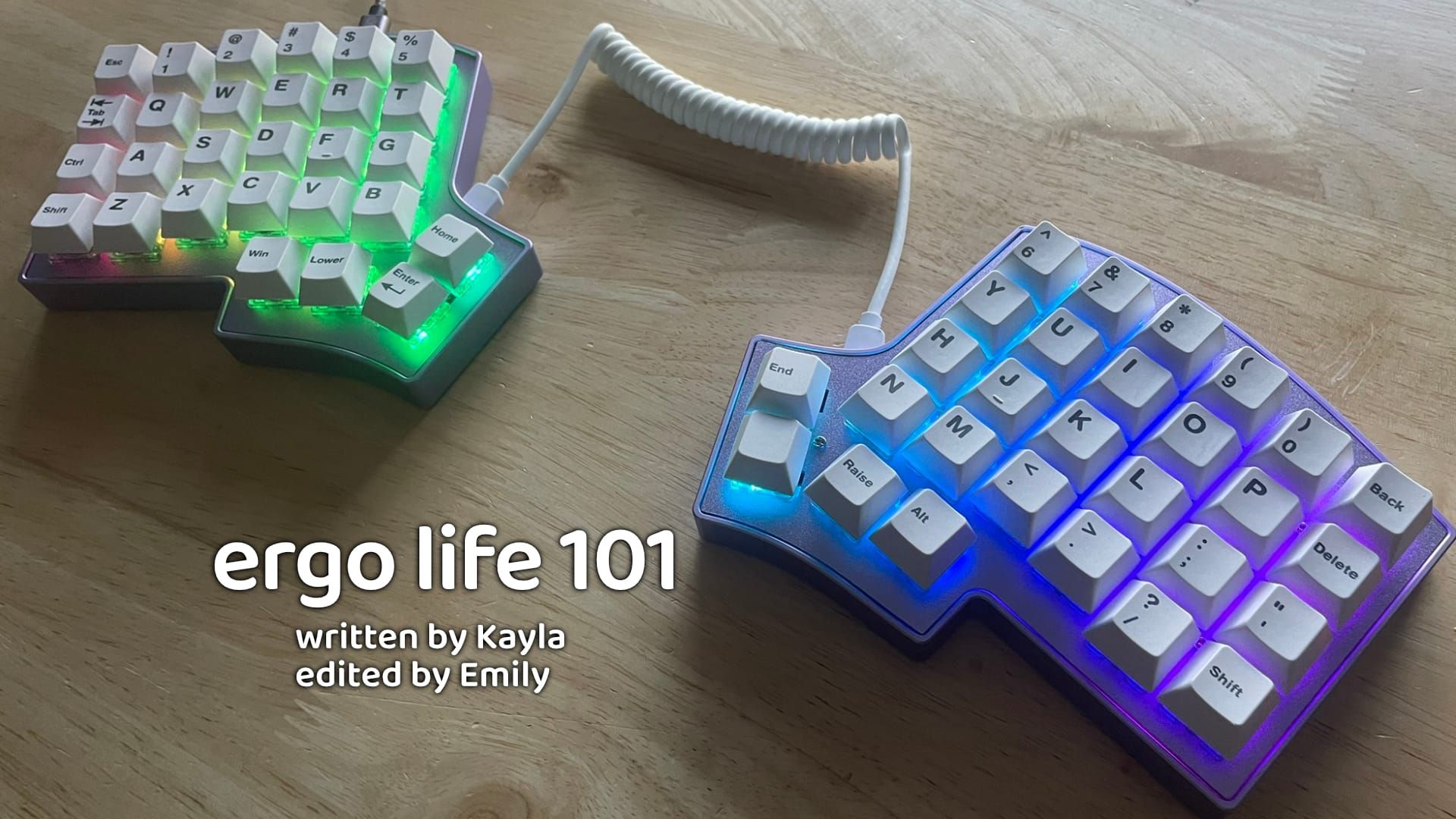 A lilac Iris SE is featured with Durock Shrimp tactiles and Icebergo keycaps with a white coiled cable. It reads "ergo life 101" written by Kayla, edited by Emily