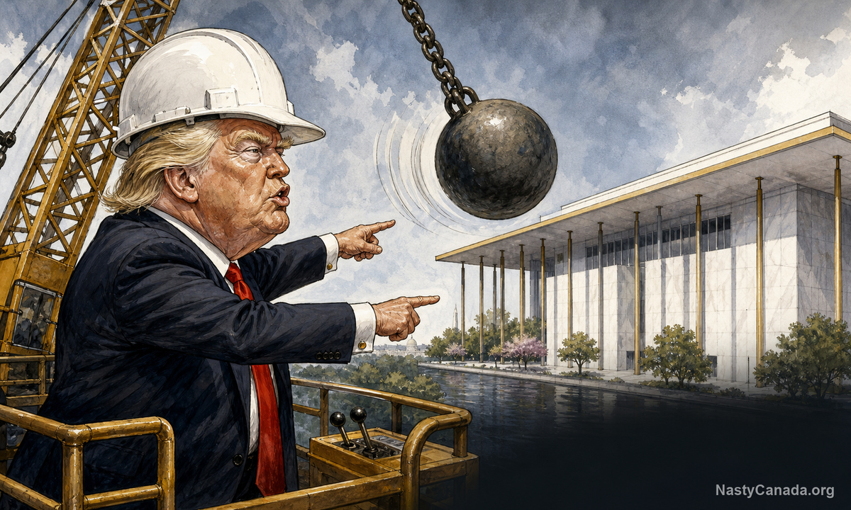 Editorial caricature of Donald Trump in a hard hat directing a wrecking ball toward the Kennedy Center.