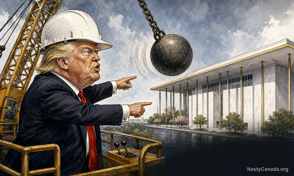 Editorial caricature of Donald Trump in a hard hat directing a wrecking ball toward the Kennedy Center.