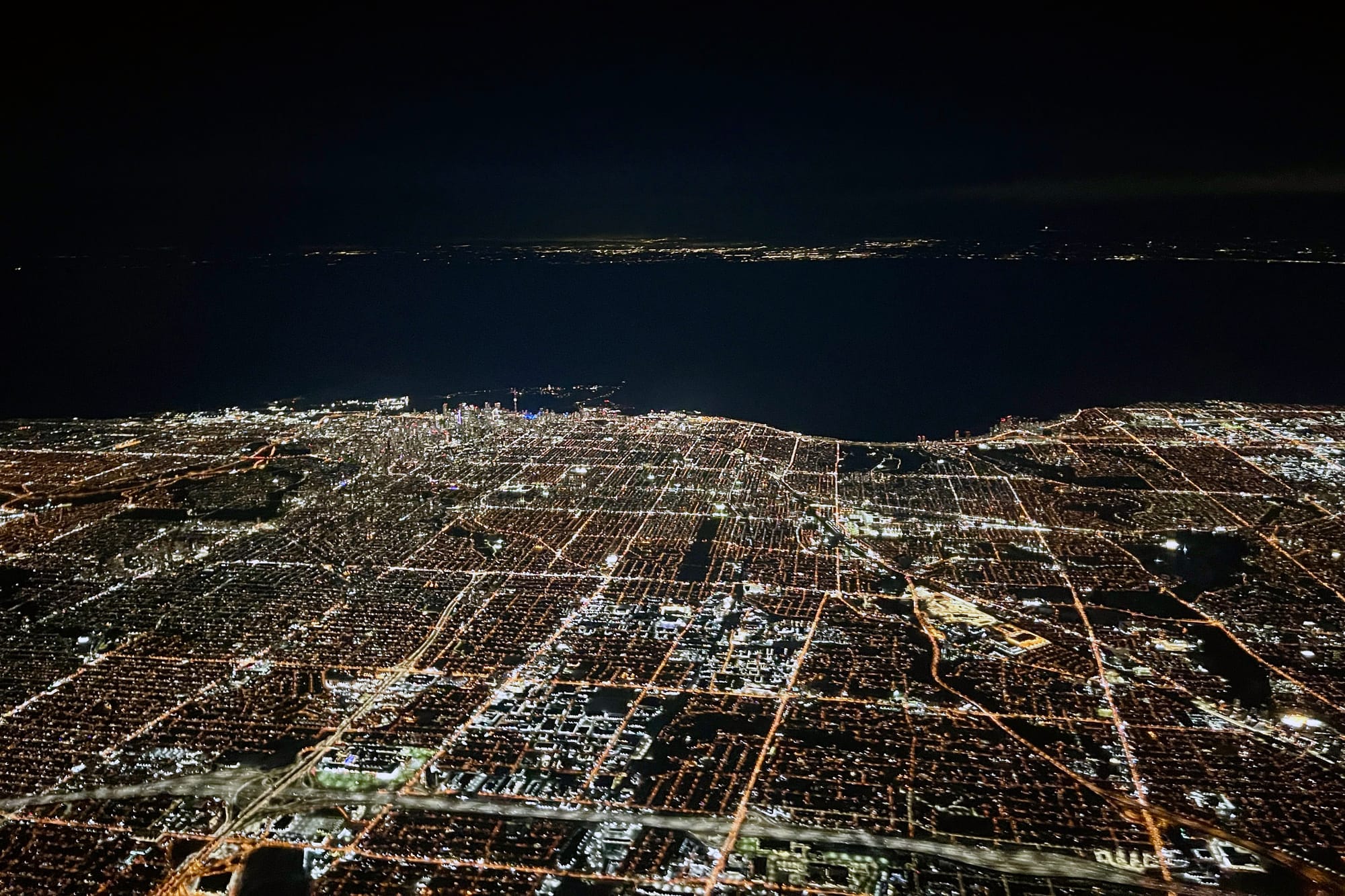 Aerial view of Toronto at night.