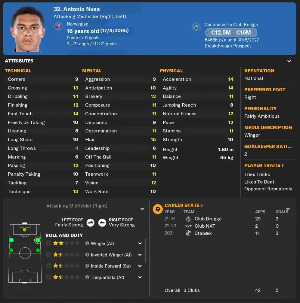 Antonio Nusa, one of the best wonderkids in Football Manager 2024