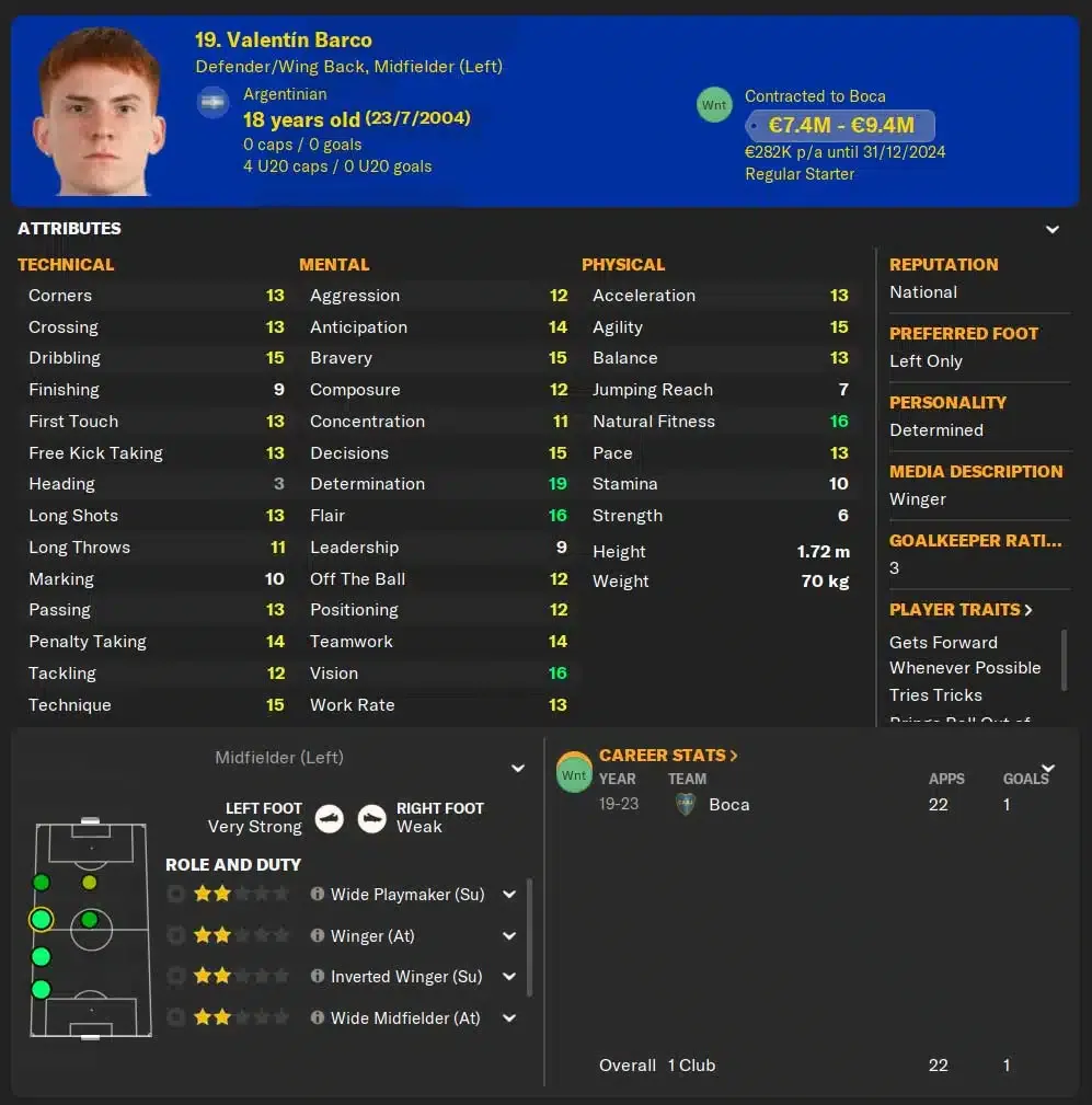 Valentín Barco, one of the best wonderkids in Football Manager 2024