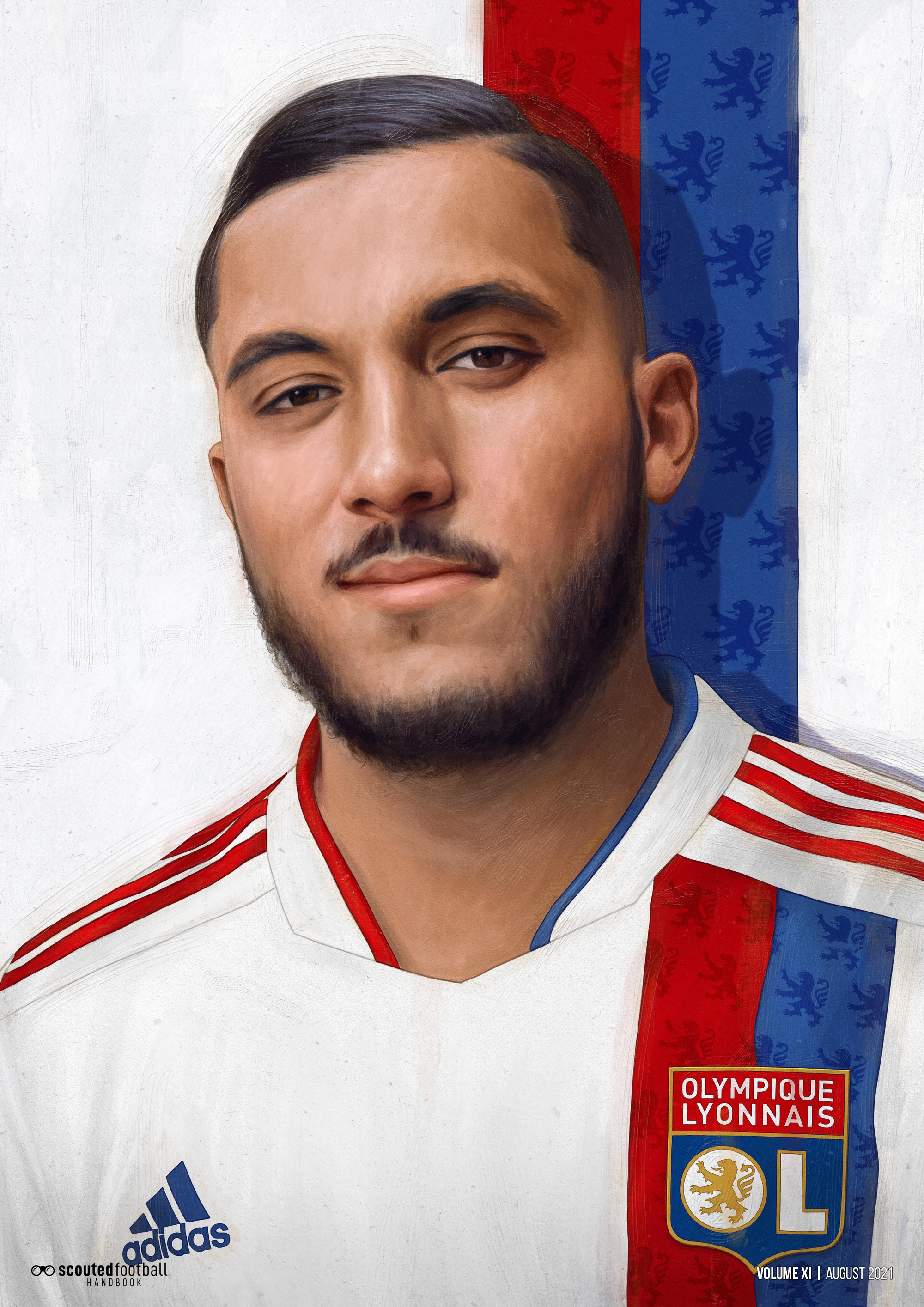 Cover of the Scouted Football Handbooks featuring a oil painting of Rayan Cherki in a Olympique Lyonnais' shirt