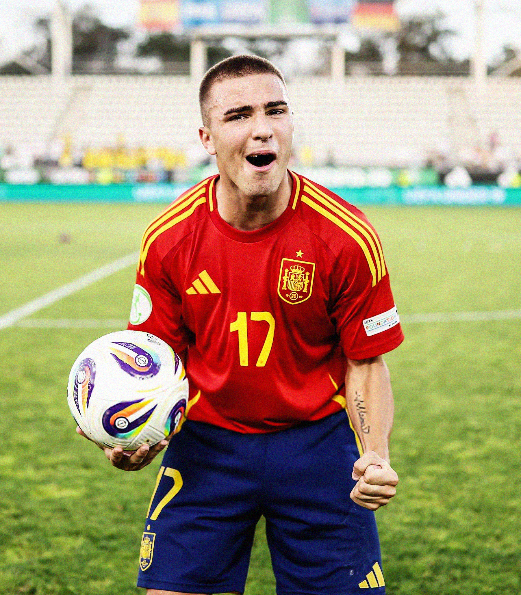 Photo of Pablo García celebrating scoring four goals against Germany at the 2025 UEFA U-19 EURO