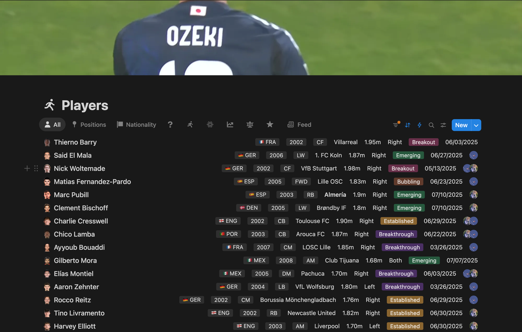 A screenshot of the SCOUTED Database, showing a number of player pages