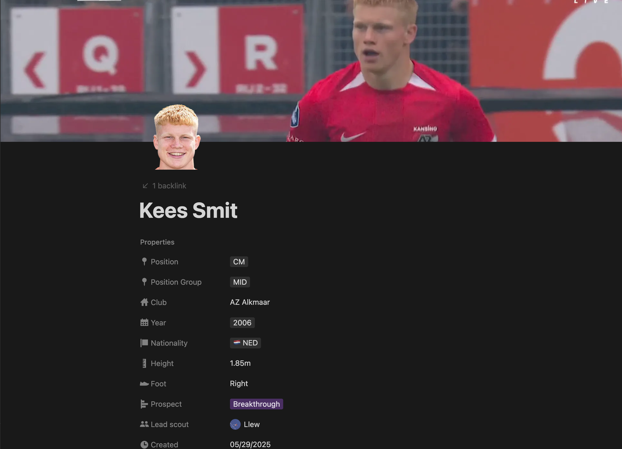 A screenshot of the SCOUTED Database, showing Kees Smit's player page
