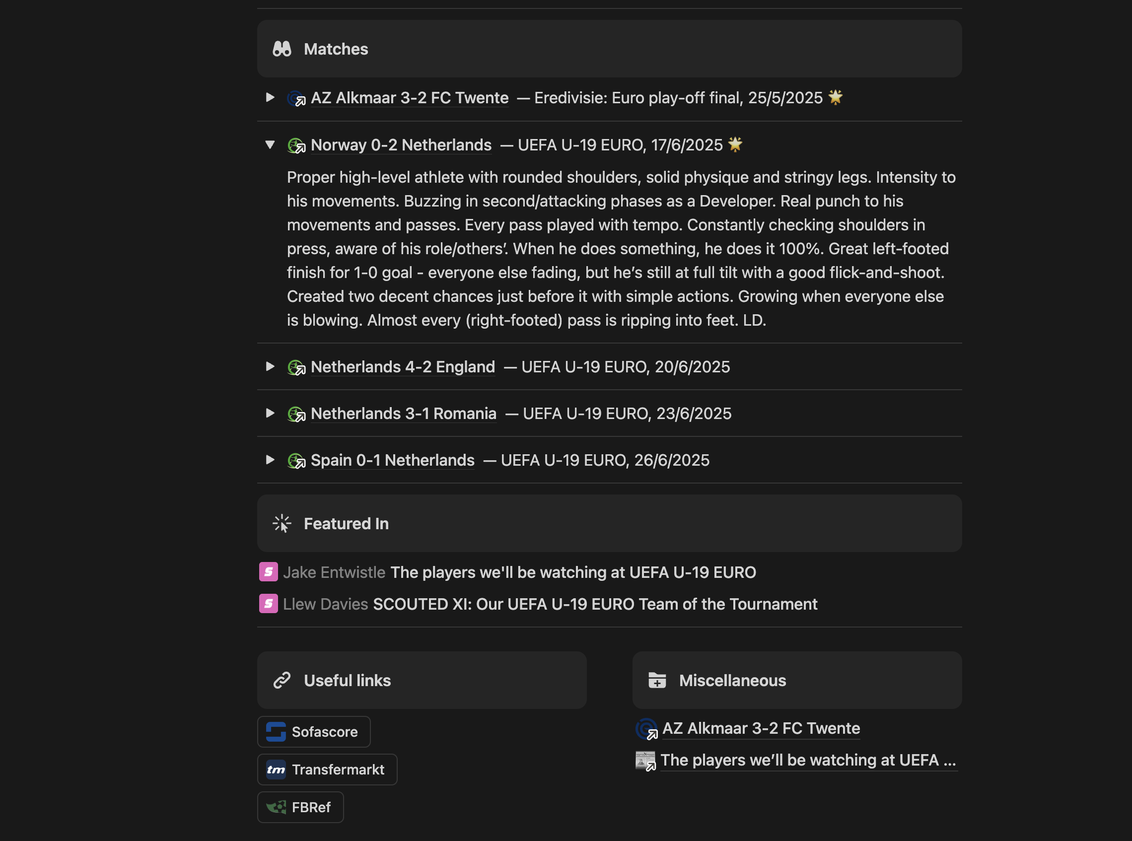 A screenshot of the SCOUTED Database, showing Kees Smit's match notes