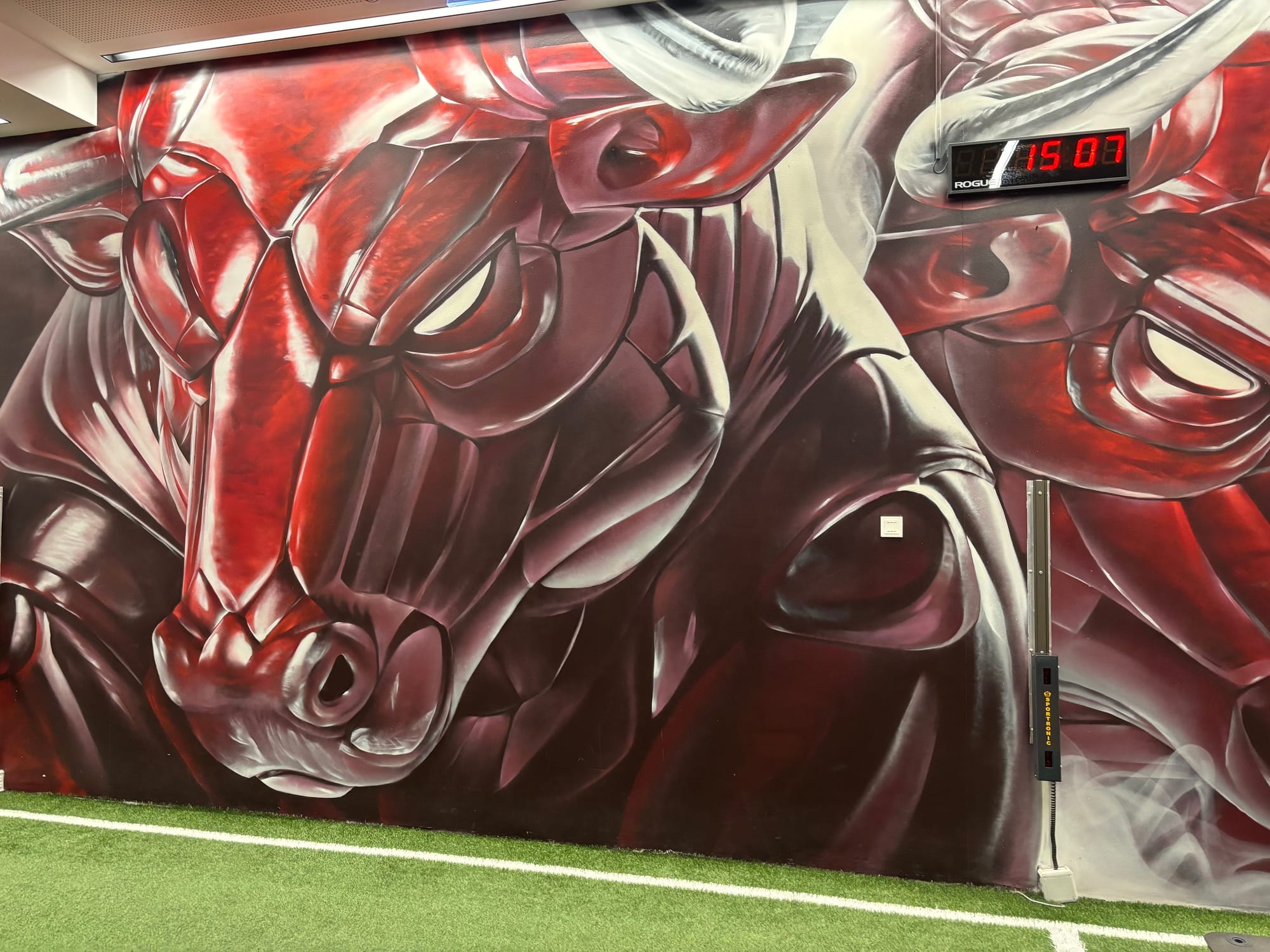 A mural inside the training complex, featuring an artistic red bull. There's a running track below.