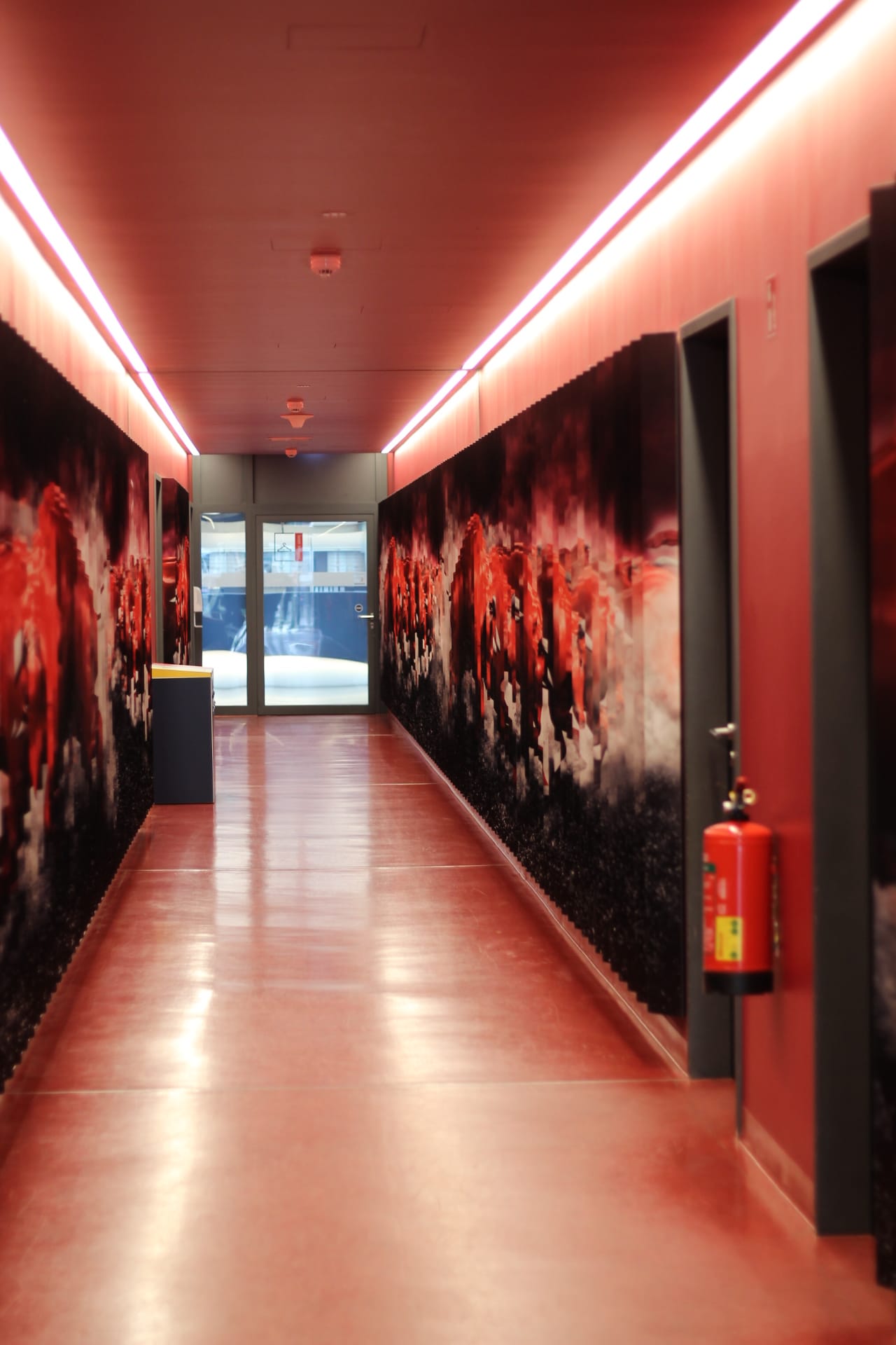 A long, corrugated red corridor, with murals depicting a bull's stampede coming towards you, inside the training complex