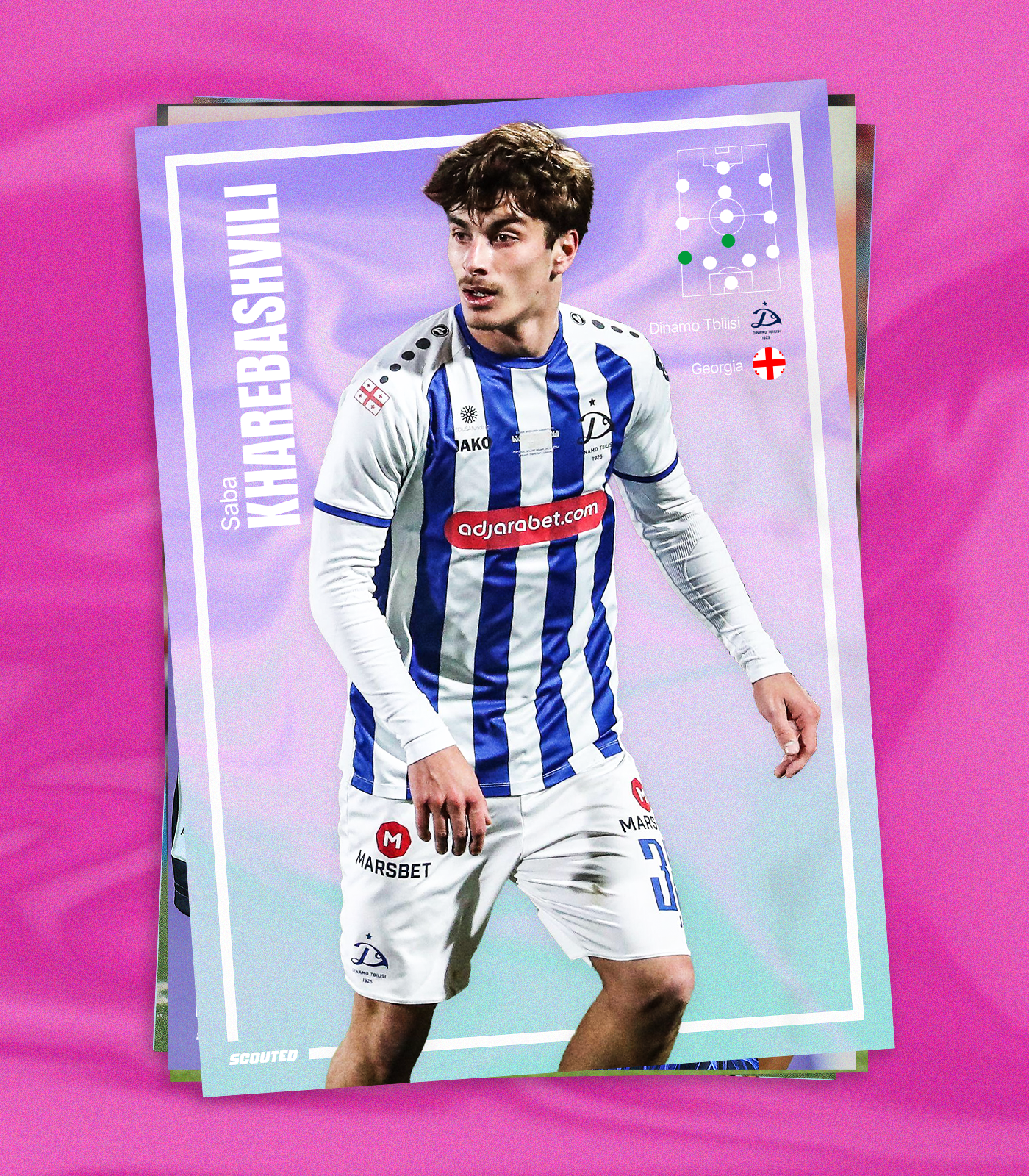Trading card graphic of Dinamo Tbilisi's Saba Kharebashvili