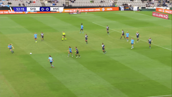 A GIF of Kyra Cooney-Cross driving with the ball through midfield