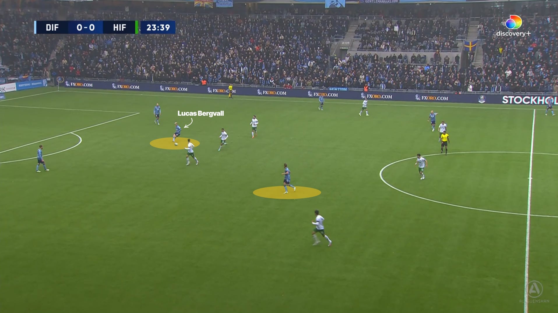 A screenshot of Lucas Bergvall passing through Hammarby's first line of pressure form the number six position.